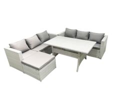 Fimous Rattan Garden Furniture Set 7 Seater Outdoor Sofa Set with Dining Table Big Footstool Light Grey Mixed - thumbnail 2