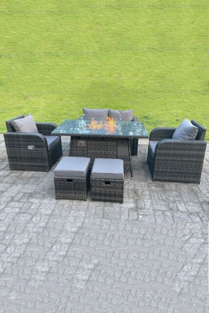 Fimous Rattan Garden Furniture Gas Fire Pit Table Sets Heater Love Sofa Recling Chairs Footstools in Dark Grey - image 1