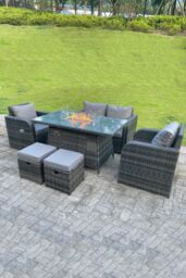 Fimous Rattan Garden Furniture Gas Fire Pit Table Sets Heater Love Sofa Recling Chairs Footstools in Dark Grey - thumbnail 4