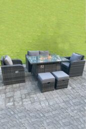 Fimous Rattan Garden Furniture Gas Fire Pit Table Sets Heater Love Sofa Recling Chairs Footstools in Dark Grey - thumbnail 5
