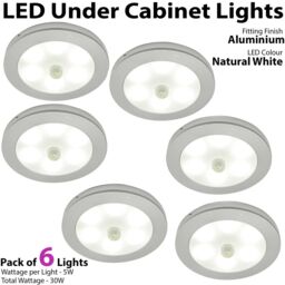 Loops 6x ALUMINIUM Ultra-Slim Round Under Cabinet Kitchen Light & Driver Kit - AUTO ON / Off-PIR - Natural White LED - thumbnail 2