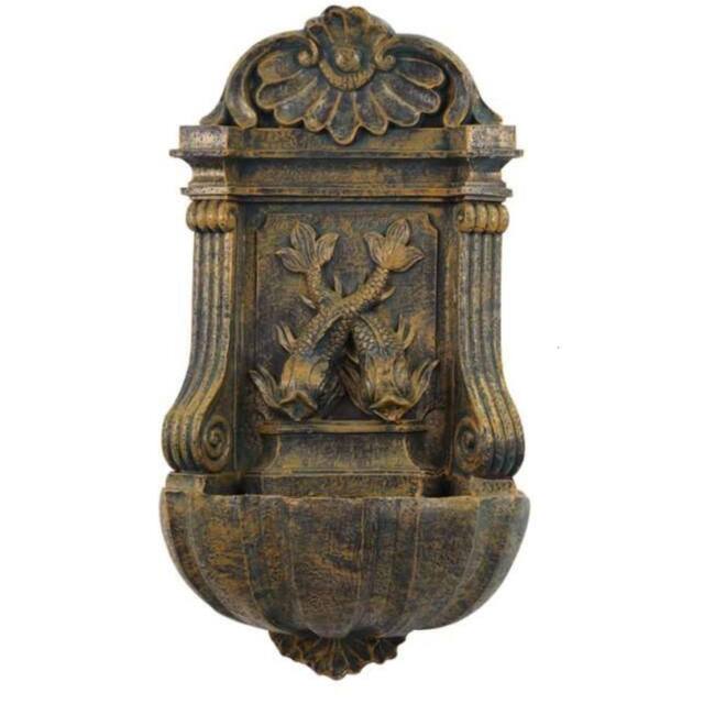 Primrose Verdigris 'Cat & Fish' Wall Fountain Water Feature Verdi Aged 86cm in Bronze - image 1