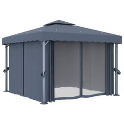 Berkfield Home Gazebo with Curtain&LED String Lights 3x3 m Anthracite in Dark Grey - thumbnail 4
