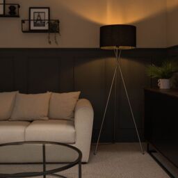 ValueLights Camden Brushed Chrome Tripod Floor Lamp with Black Drum Shade & Bulb