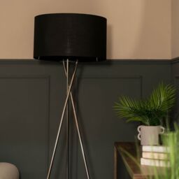 ValueLights Camden Brushed Chrome Tripod Floor Lamp with Black Drum Shade & Bulb - thumbnail 2