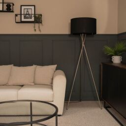 ValueLights Camden Brushed Chrome Tripod Floor Lamp with Black Drum Shade & Bulb - thumbnail 3