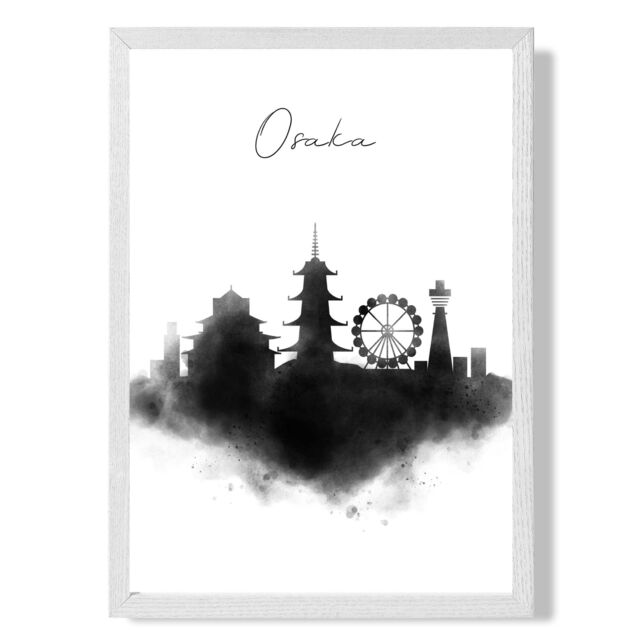 ARTZE Osaka Watercolour Skyline City Framed Print SIZE: A4 with White Frame in Black - image 1
