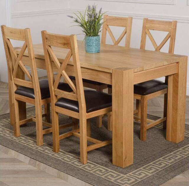 Thats Furniture Kuba 150x85 cm Chunky Medium Oak Dining Table & 4 Berkeley Leather Chairs in Brown