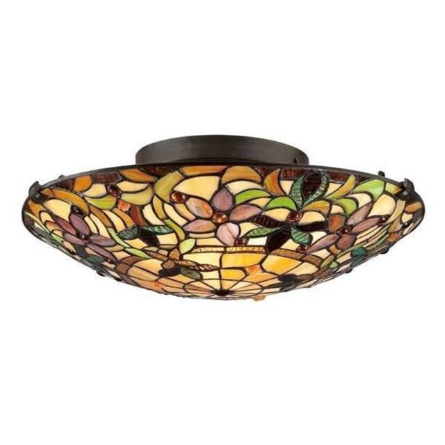 Netlighting Kami 2 Light Tiffany Flush Mount Ceiling Light Vintage Bronze E27 in Brown