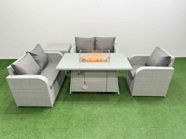 Fimous High Back Poly Rattan Garden Furniture Set w/ Reclining Chair Loveseat Sofa Firepit Dining Table Indoor Outdoor Patio Set Side Table Light Grey - image 1