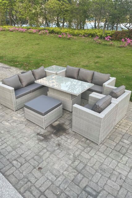Fimous Rattan Garden Funiture Set Adjustable Rising Lifting Table Sofa Dining Set Lounge Chair Footstool in Light Grey - image 1