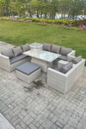 Fimous Rattan Garden Funiture Set Adjustable Rising Lifting Table Sofa Dining Set Lounge Chair Footstool in Light Grey - thumbnail 1