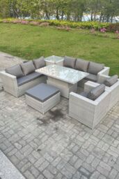 Fimous Rattan Garden Funiture Set Adjustable Rising Lifting Table Sofa Dining Set Lounge Chair Footstool in Light Grey - thumbnail 2