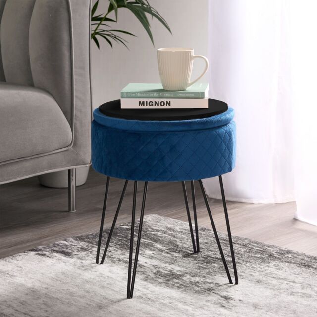 OHS Matte Velvet Stool Quilted Hairpin Round Seat Cushioned Foot Rest in Navy - image 1