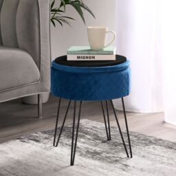 OHS Matte Velvet Stool Quilted Hairpin Round Seat Cushioned Foot Rest in Navy