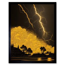 "Artery8 Wall Art Print Gold & Black Thunder Storm with Bright Lightning at Lakeside Tree Silhouette Art Framed - Size: W12"" x H16""" - thumbnail 1