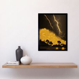 "Artery8 Wall Art Print Gold & Black Thunder Storm with Bright Lightning at Lakeside Tree Silhouette Art Framed - Size: W12"" x H16""" - thumbnail 2