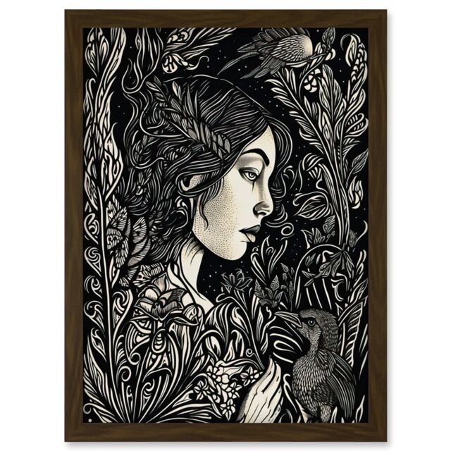 Artery8 Woman with Crow in a Field Black & White Linocut Artwork Framed Wall Art Print A4 in Brown - image 1
