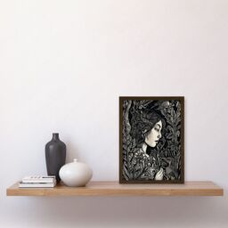 Artery8 Woman with Crow in a Field Black & White Linocut Artwork Framed Wall Art Print A4 in Brown - thumbnail 2