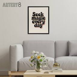 "Artery8 Seek Magic Every Day Funky Retro Typography Framed Canvas Art Print in Beige - Size: W12"" x H16""" - thumbnail 3
