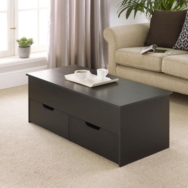 Home Source Wooden Coffee Table With Lift Up Top & 2 Large Storage Drawers in Black - image 1