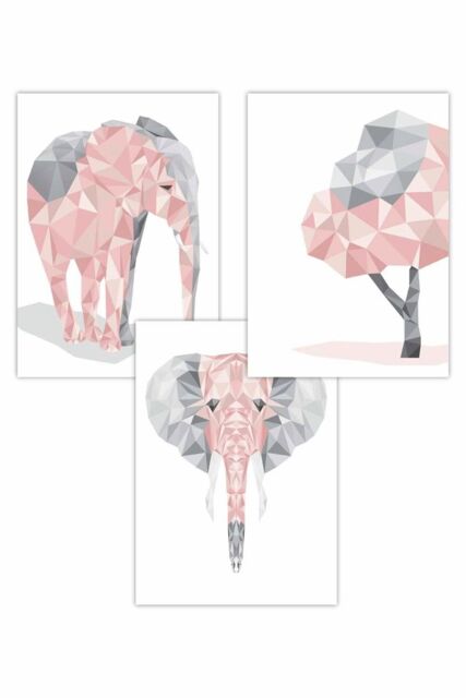 ARTZE Set of 3 Geometric Pink Grey Elephant Set Art Posters in Light Pink - Size: W50 cm x H70 cm - image 1