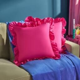 OHS 2 x Plain Faux Linen Frill Cushion Covers in Bright Pink - Size: 45 cm x 45 cm - thumbnail 1
