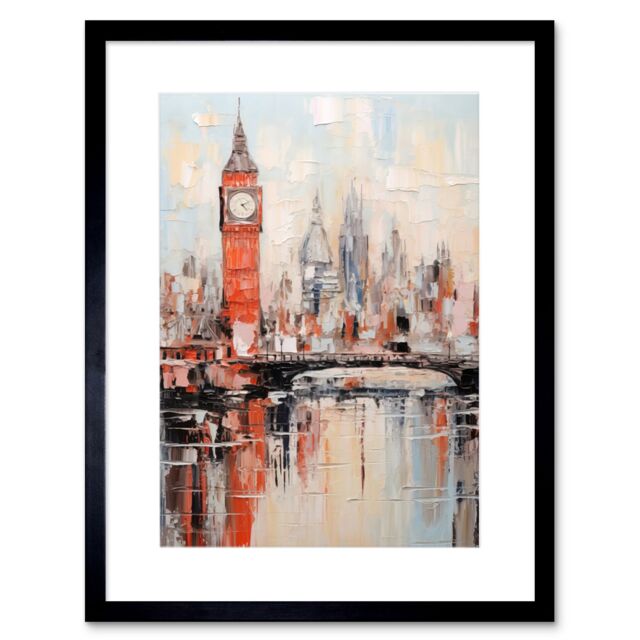 Artery8 Wall Art Print London Skyline Abstract Oil Painting Thick Paint Red Big Ben River Thames Westminster Bridge England City Artwork Framed 9X7 - image 1
