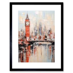 Artery8 Wall Art Print London Skyline Abstract Oil Painting Thick Paint Red Big Ben River Thames Westminster Bridge England City Artwork Framed 9X7 - thumbnail 1