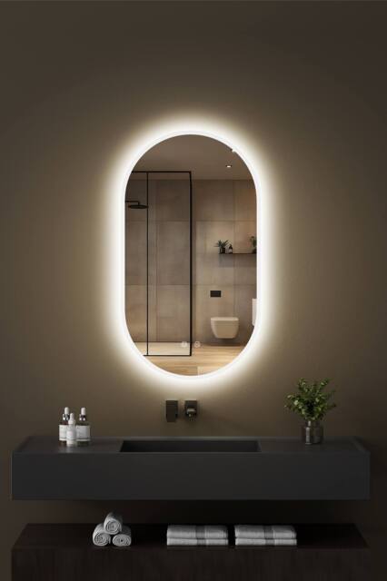 Fascinate Pill-Shaped Backlit LED Bathroom Mirror Anti-Fog 80x45cm in Silver - Size: 45 cm width x 75 cm drop - image 1