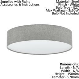 Loops Flush Ceiling Light Colour White Shade Grey White Fabric Linen Bulb E27 3x60W - thumbnail 2