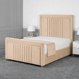 Living Comfort Bedz Celeste Plush Velvet Upholstered Bed Slatted Base - 48Inch Headboard in Beige - Size: Small Double