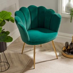 Home Source Boucle Fabric Scallop Shell Chair Wing Back Armchair Sofa Gold Legs in Emerald - thumbnail 3