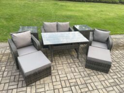 Fimous Rattan Outdoor Garden Furniture Set Rectangular Dining Table & Chair Sofa Set With 2 Side Tables in Dark Grey - thumbnail 2