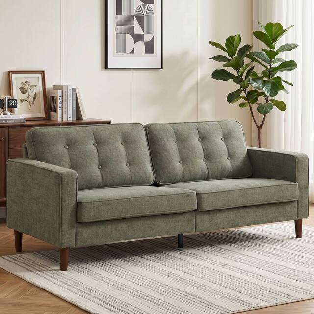 HOMCOM 3 Seater Sofa with Button Tufting Wood Legs, Green - image 1