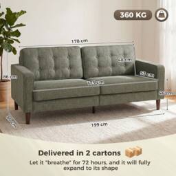 HOMCOM 3 Seater Sofa with Button Tufting Wood Legs, Green - thumbnail 3