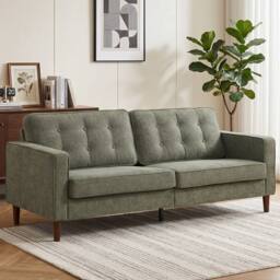 HOMCOM 3 Seater Sofa with Button Tufting Wood Legs, Green