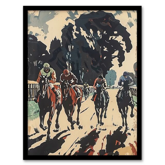"Artery8 Horse Racing Scene Modern Artwork Jockeys Bold Framed Art Print in Beige - Size: W12"" x H16""" - image 1