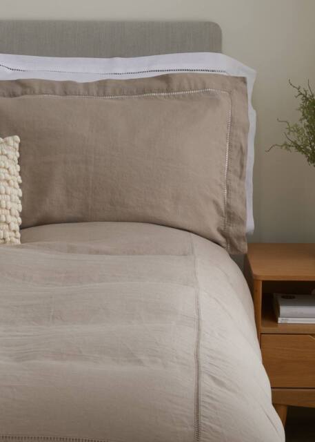Truly Set of 2 Mushroom Ladder Detail Linen Oxford Pillowcases in Light Brown - Size: Standard Pillow Case - image 1