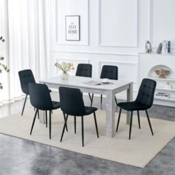 KOSY KOALA Stone Grey Effect Wooden Dining Table Set With 6 Black Velvet Chairs Dining Room Furniture in Brown - thumbnail 1