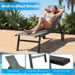 Costway Patio Sun Lounger Chair w/Wheels Adjustable Outdoor Recliner Chair in Grey - thumbnail 3