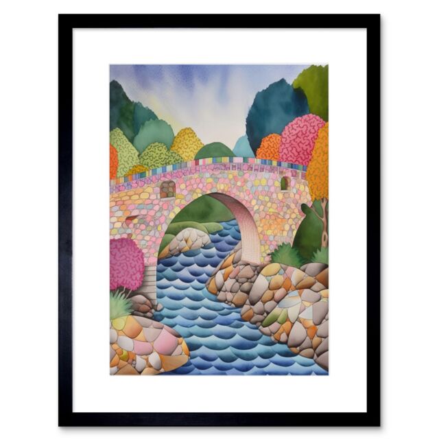 "Artery8 Wall Art Print Modern Folk Art Countryside Bridge Artwork Framed 9X7 Inch in Black - Size: W7"" x H9""" - image 1
