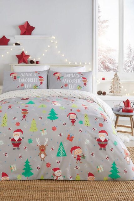 Bedlam 'Elf & Santa' Christmas Duvet Cover Set in Grey - Size: Double - image 1