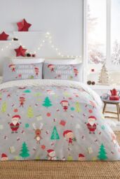 Bedlam 'Elf & Santa' Christmas Duvet Cover Set in Grey - Size: Double