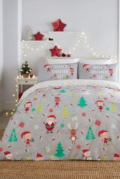 Bedlam 'Elf & Santa' Christmas Duvet Cover Set in Grey - Size: Double - thumbnail 6
