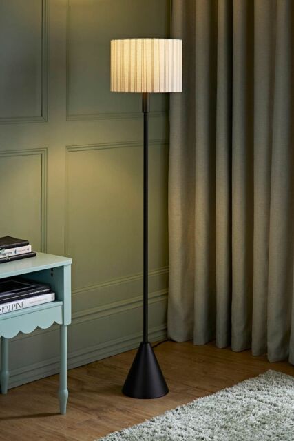ValueLights Mitch Linen Stripe Lamp Shade Black Single Stem Triangle Floor Lamp in Off-White - image 1