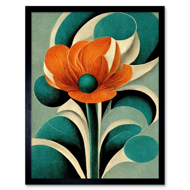 "Artery8 Wall Art Print Art Deco Poppy Flower Teal Orange Cream Art Framed in Black - Size: W12"" x H16""" - image 1