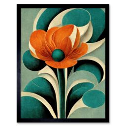 "Artery8 Wall Art Print Art Deco Poppy Flower Teal Orange Cream Art Framed in Black - Size: W12"" x H16""" - thumbnail 1
