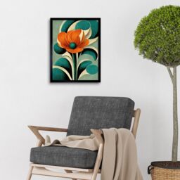 "Artery8 Wall Art Print Art Deco Poppy Flower Teal Orange Cream Art Framed in Black - Size: W12"" x H16""" - thumbnail 2