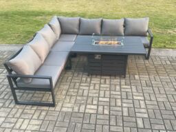Fimous Aluminium 6 Pieces Garden Furniture Corner Sofa Set with Cushions Gas Fire Pit Dining Table Set Gas Heater Burner Dark Grey - thumbnail 2